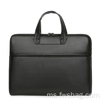 Logo Custom Black Pu Leather Waterproof Laptop Briefcase 15 Inch Business Bag Bag Begels dengan Pocket Front